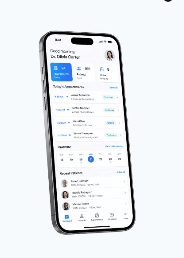 MyPractice mobile dashboard showing appointments, patients and tasks
